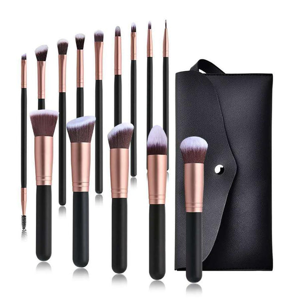 HKM-706259 14-Piece Makeup Brush Set with Wooden Handles and PU Brush Type - Includes Foundation and Eyeshadow Brushes, Portable Black Leather Bag