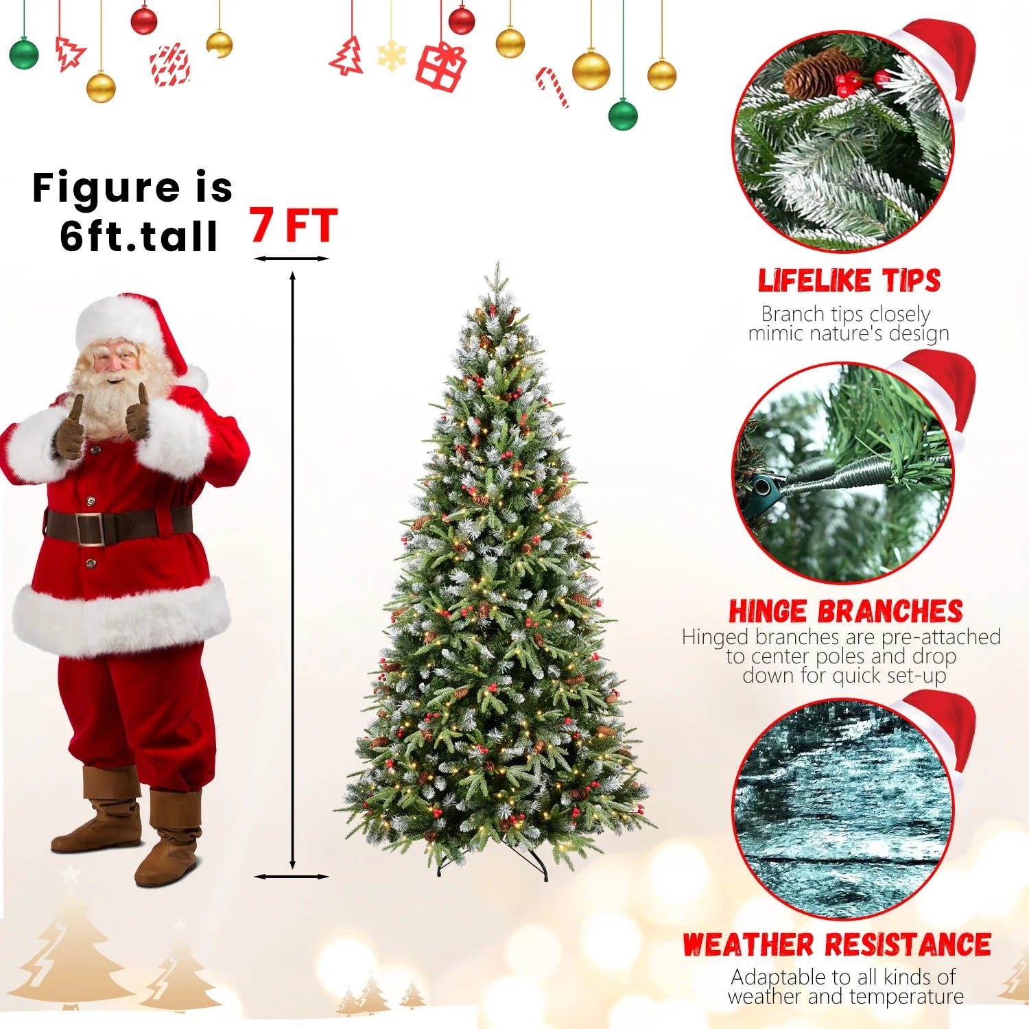 HKM-706643 7FT Christmas Tree with 450 Warm White LED Lights, Snow-Tipped Branches, Pine Cones, and Red Berries