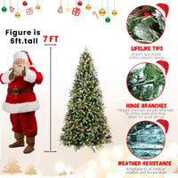 HKM-706643 7FT Christmas Tree with 450 Warm White LED Lights, Snow-Tipped Branches, Pine Cones, and Red Berries