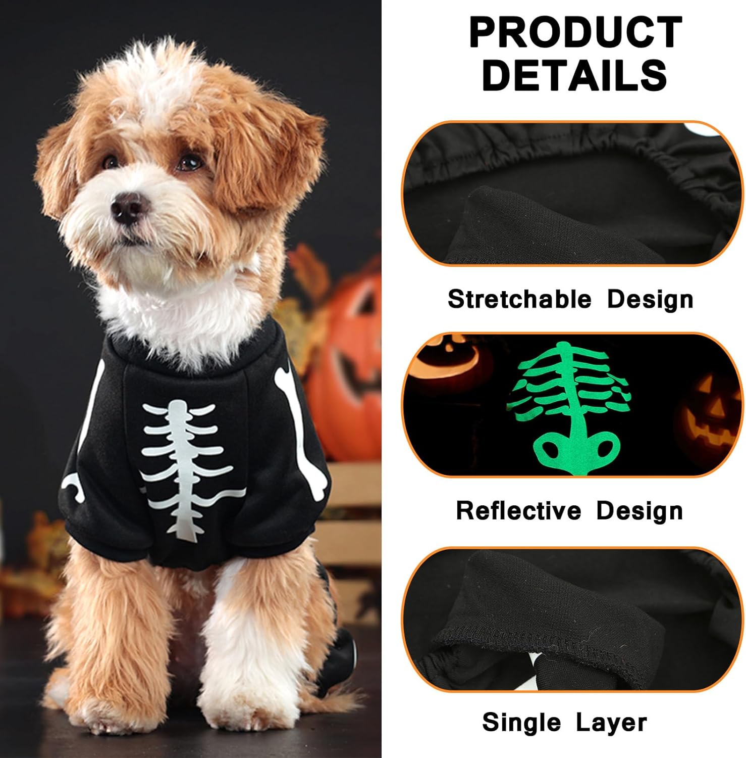 HKM-7067069 Glow in the Dark Skeleton Dog Costume for Small Dogs - Breathable Stretchy Jumpsuit for Halloween and Cosplay