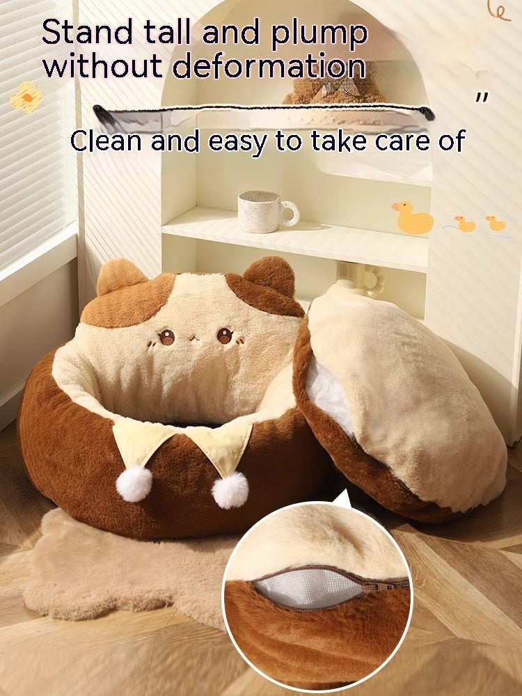 HKM-7067453 Cozy Cat Nest Winter Pet Bed - Medium Size, Warm Polyester with Three Flower Design