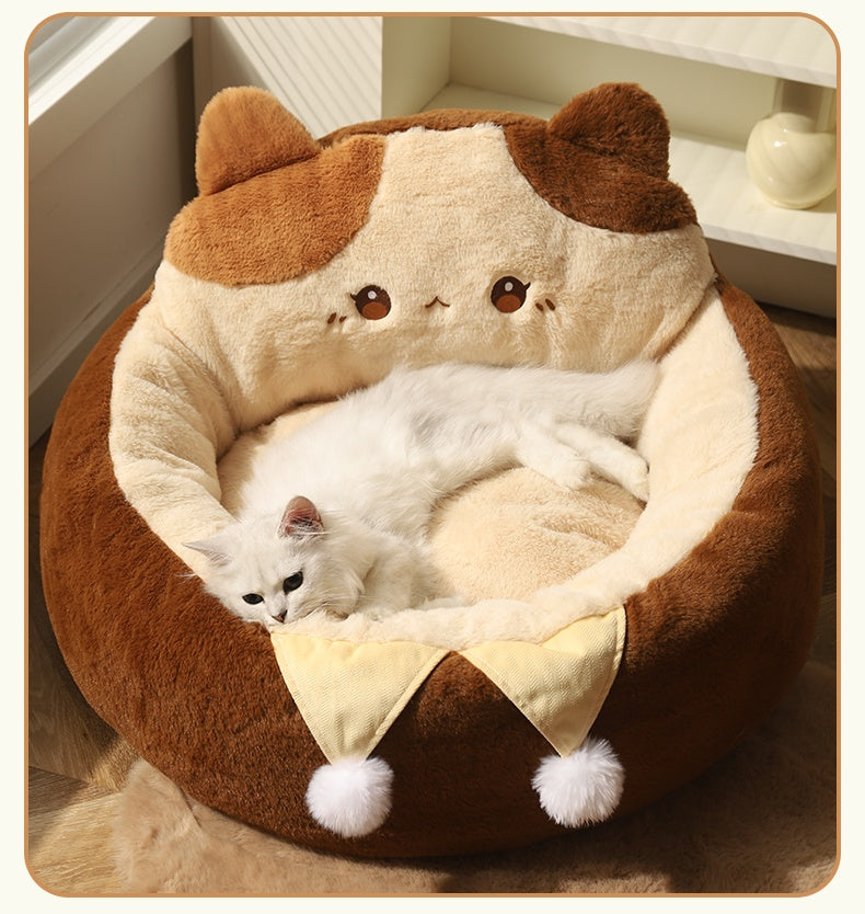 HKM-7067453 Cozy Cat Nest Winter Pet Bed - Medium Size, Warm Polyester with Three Flower Design