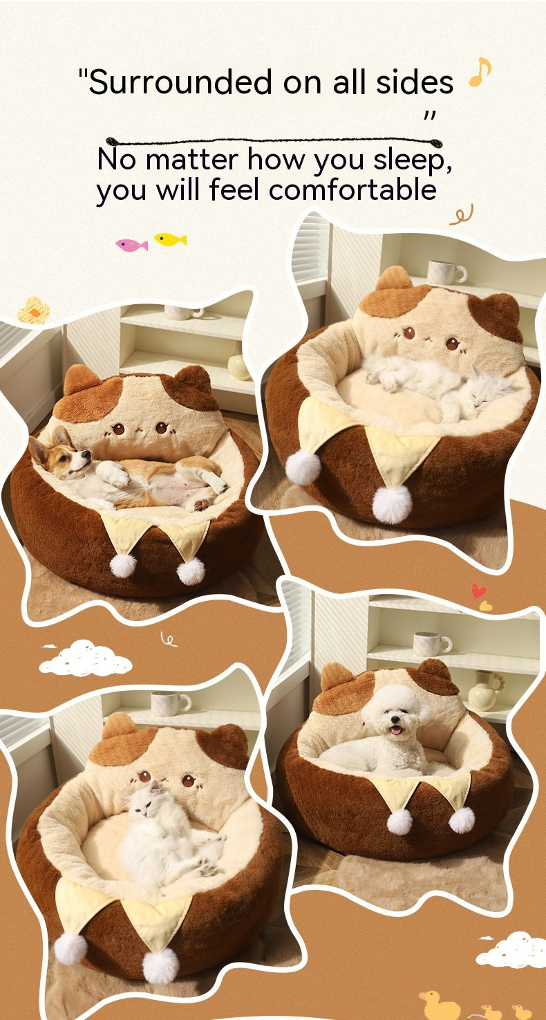 HKM-7067453 Cozy Cat Nest Winter Pet Bed - Medium Size, Warm Polyester with Three Flower Design