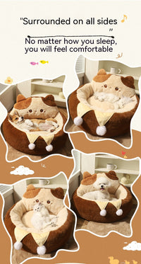 HKM-7067453 Cozy Cat Nest Winter Pet Bed - Medium Size, Warm Polyester with Three Flower Design