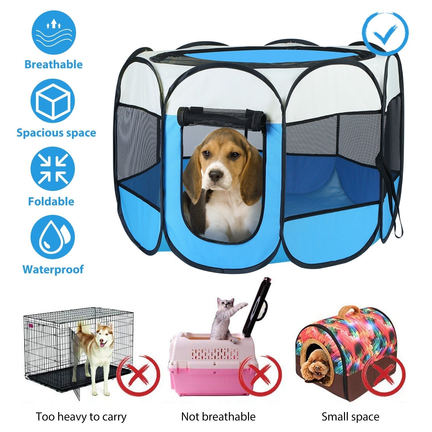 HKM-7072189 Portable Foldable Pet Tent Exercise Pen with Zippered Top and Bottom - Water Resistant Indoor/Outdoor Use for Dogs, Cats, and Other Pets