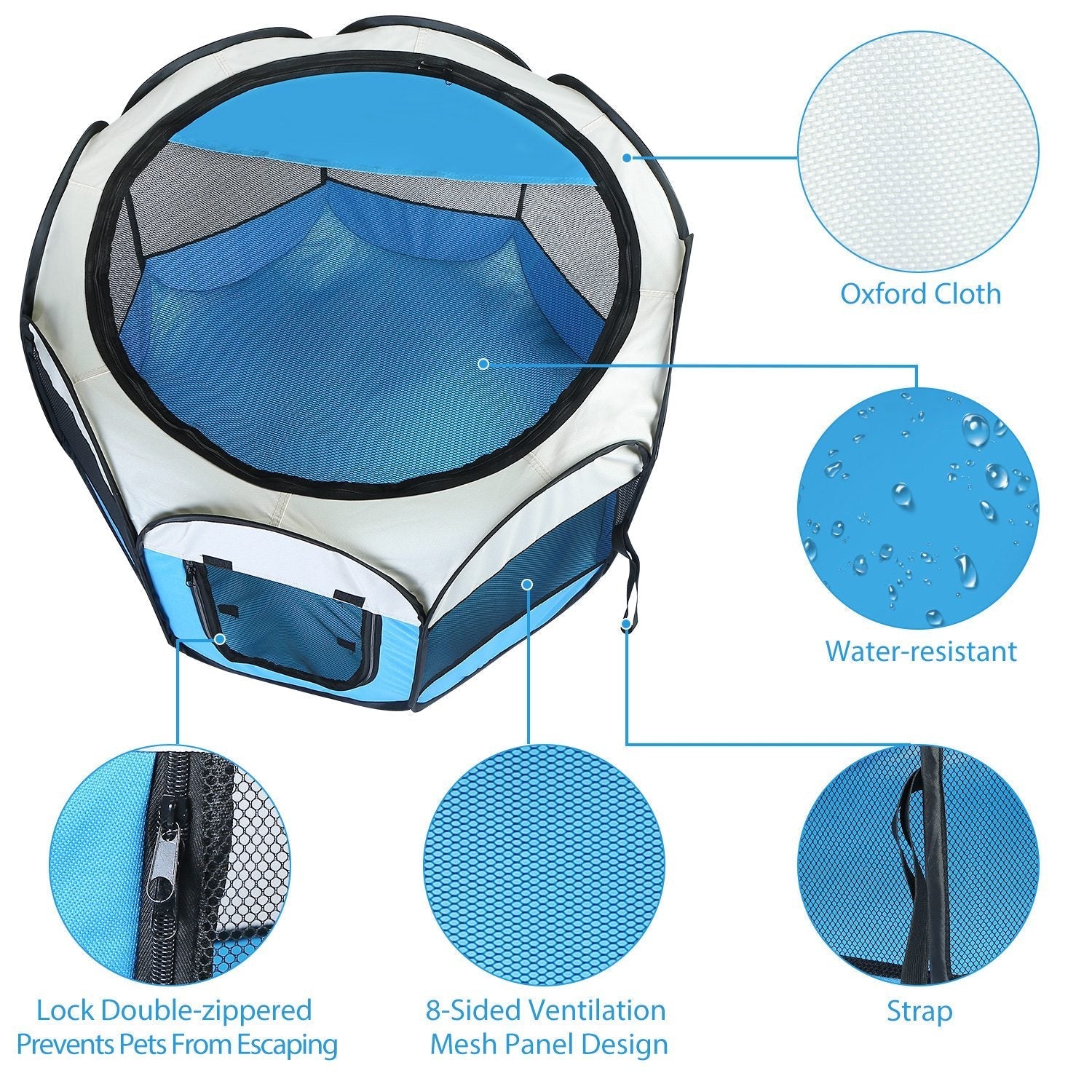 HKM-7072189 Portable Foldable Pet Tent Exercise Pen with Zippered Top and Bottom - Water Resistant Indoor/Outdoor Use for Dogs, Cats, and Other Pets