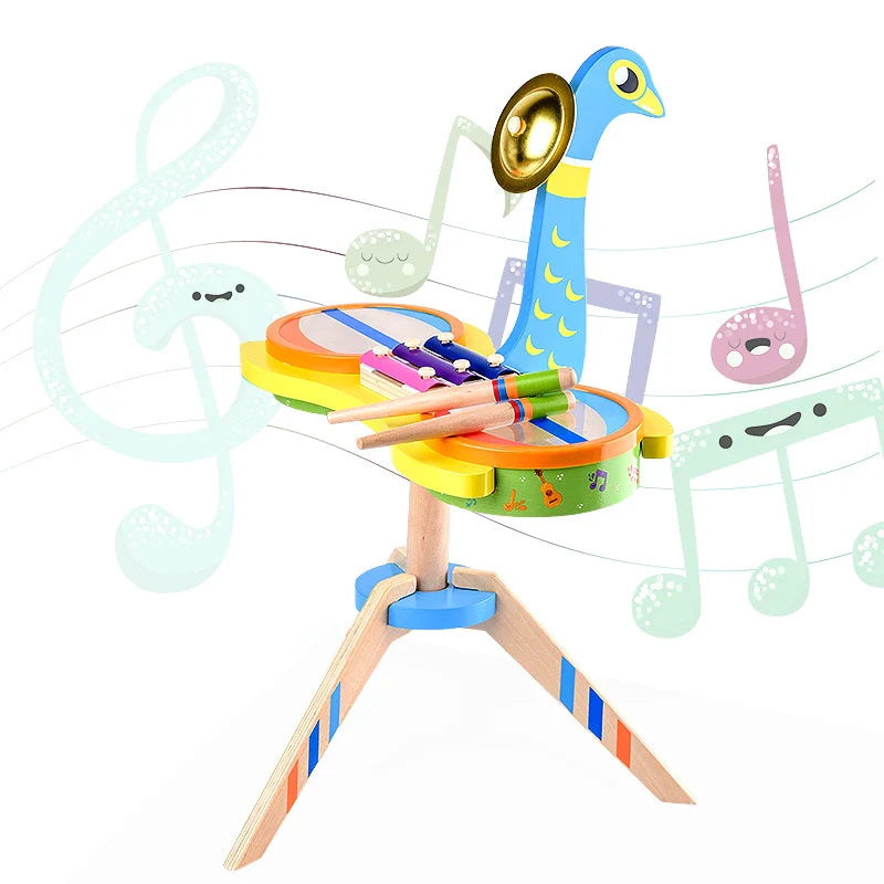 HKM-707923 Wooden Animal Shape Drum Kit Toy - 3-in-1 Musical Instrument Set for Kids Ages 2-4