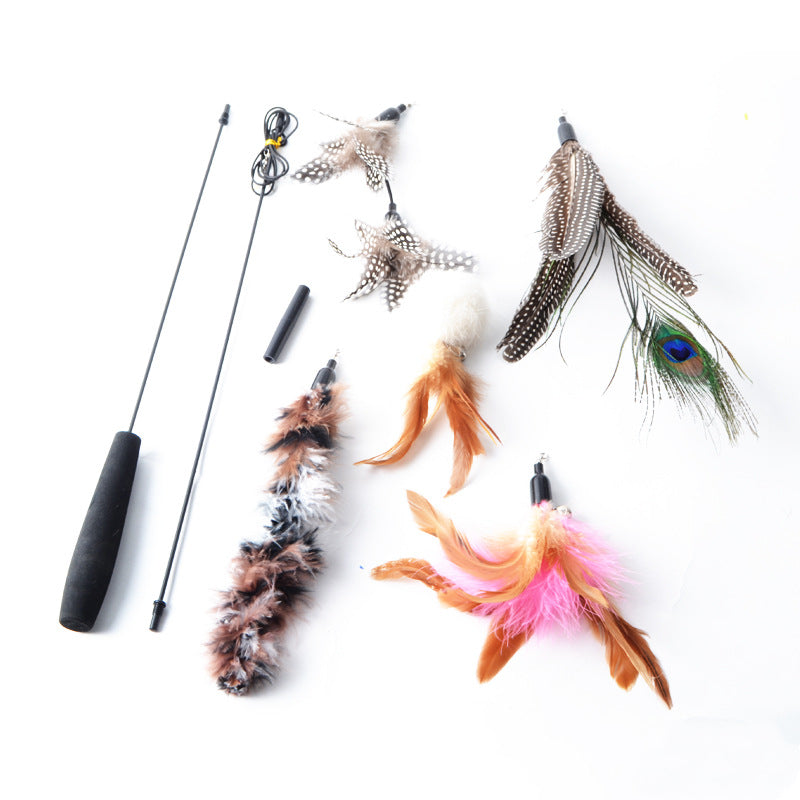 HKM-7083709 Feathered Cat Toy Pole with 5 Replacement Heads - 41.5CM and 85CM Length Options