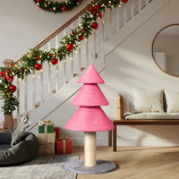 HKM-7084349 Christmas Tree Cat Scratcher Tower - 31.5in Pink Scratch Post with Cozy Fleece Base