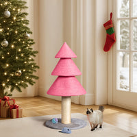 HKM-7084349 Christmas Tree Cat Scratcher Tower - 31.5in Pink Scratch Post with Cozy Fleece Base