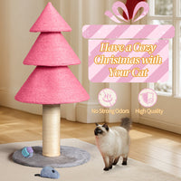 HKM-7084349 Christmas Tree Cat Scratcher Tower - 31.5in Pink Scratch Post with Cozy Fleece Base