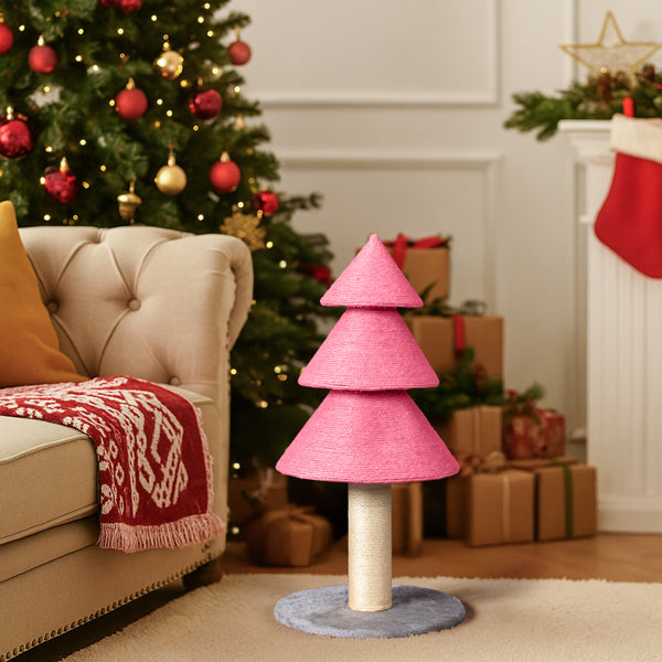 HKM-7084349 Christmas Tree Cat Scratcher Tower - 31.5in Pink Scratch Post with Cozy Fleece Base