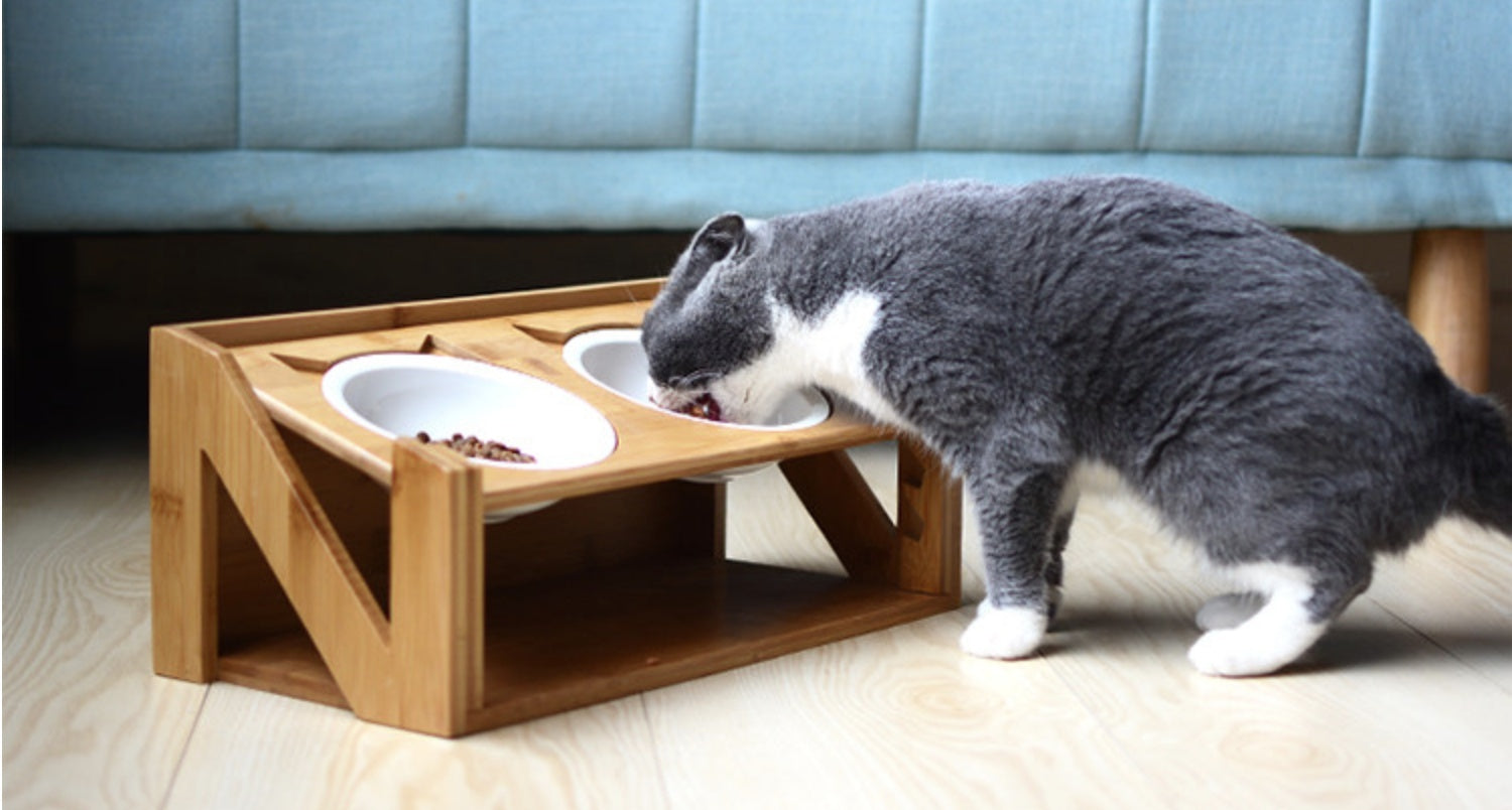 HKM-7084861 Wooden Cat Bowl Dish Rack for Elevated Pet Feeding