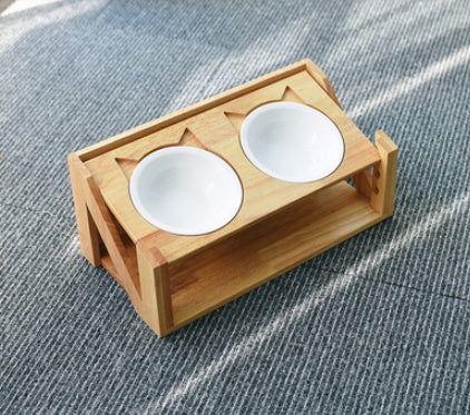 HKM-7084861 Wooden Cat Bowl Dish Rack for Elevated Pet Feeding
