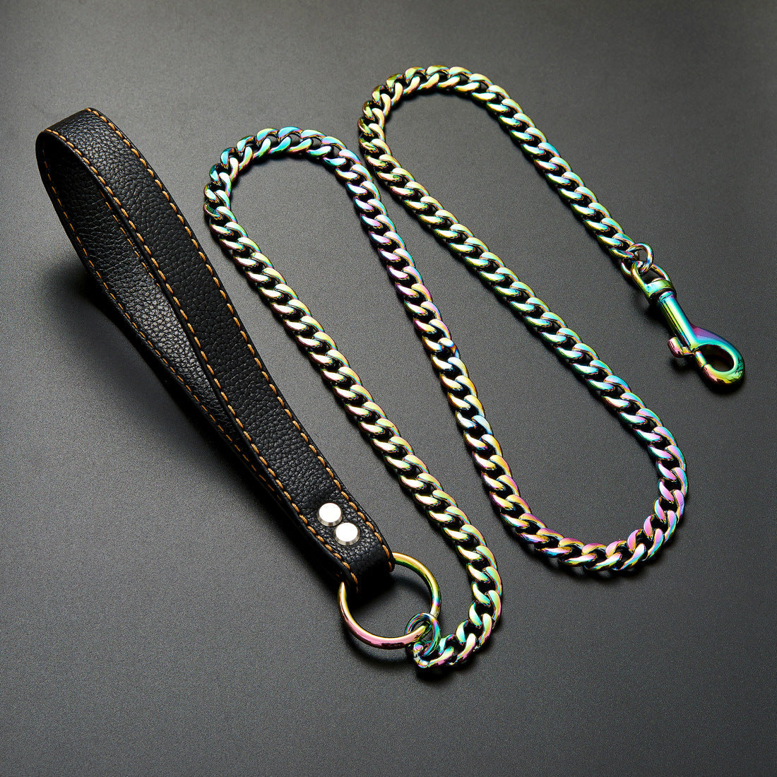 HKM-7088445 Stainless Steel Traction Belt with 125cm PU Coated Black Leather Rope