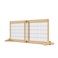 HKM-7090109 Extra Wide Freestanding Pet Gate for Dogs and Cats, Adjustable Length Barrier for Doorways and Hallways, Natural Pine Wood and Steel Design