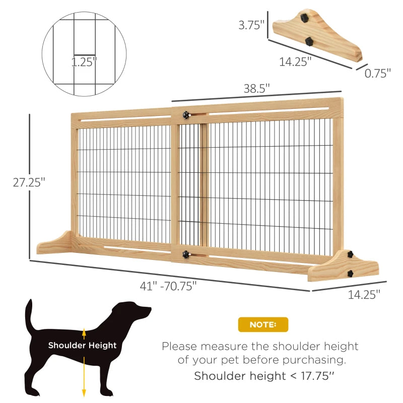 HKM-7090109 Extra Wide Freestanding Pet Gate for Dogs and Cats, Adjustable Length Barrier for Doorways and Hallways, Natural Pine Wood and Steel Design