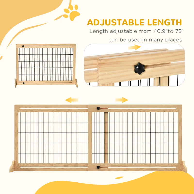 HKM-7090109 Extra Wide Freestanding Pet Gate for Dogs and Cats, Adjustable Length Barrier for Doorways and Hallways, Natural Pine Wood and Steel Design