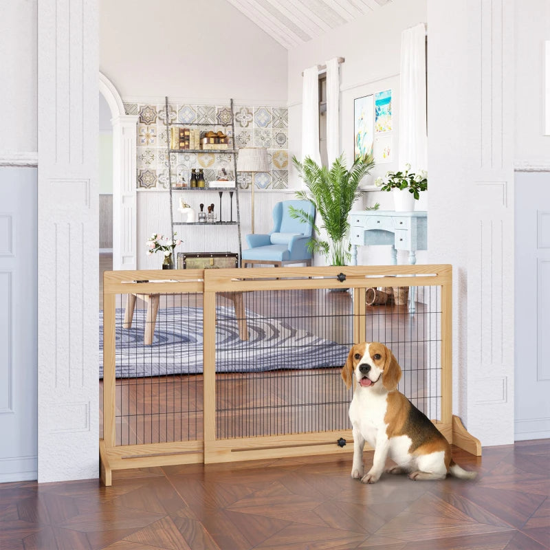 HKM-7090109 Extra Wide Freestanding Pet Gate for Dogs and Cats, Adjustable Length Barrier for Doorways and Hallways, Natural Pine Wood and Steel Design