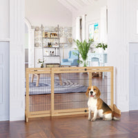 HKM-7090109 Extra Wide Freestanding Pet Gate for Dogs and Cats, Adjustable Length Barrier for Doorways and Hallways, Natural Pine Wood and Steel Design