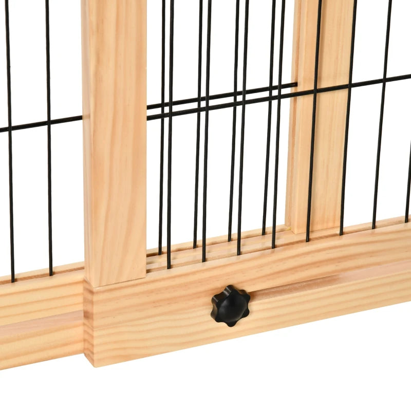 HKM-7090109 Extra Wide Freestanding Pet Gate for Dogs and Cats, Adjustable Length Barrier for Doorways and Hallways, Natural Pine Wood and Steel Design