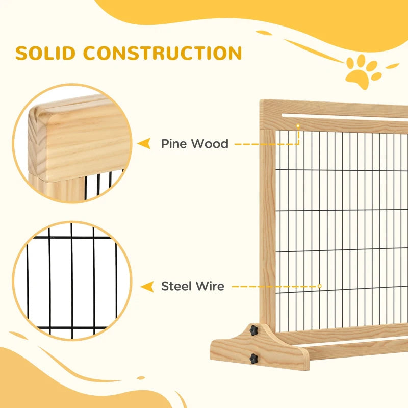 HKM-7090109 Extra Wide Freestanding Pet Gate for Dogs and Cats, Adjustable Length Barrier for Doorways and Hallways, Natural Pine Wood and Steel Design