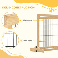 HKM-7090109 Extra Wide Freestanding Pet Gate for Dogs and Cats, Adjustable Length Barrier for Doorways and Hallways, Natural Pine Wood and Steel Design