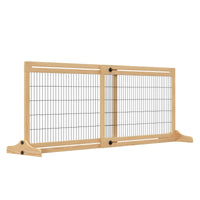 HKM-7090109 Extra Wide Freestanding Pet Gate for Dogs and Cats, Adjustable Length Barrier for Doorways and Hallways, Natural Pine Wood and Steel Design