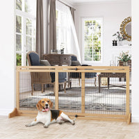 HKM-7090109 Extra Wide Freestanding Pet Gate for Dogs and Cats, Adjustable Length Barrier for Doorways and Hallways, Natural Pine Wood and Steel Design