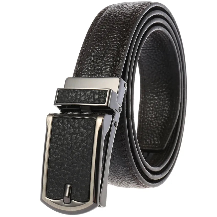 HKM-709203 Automatic Ratchet Leather Belt with Solid Buckle - 30mm Wide, Model LY33-32321-5