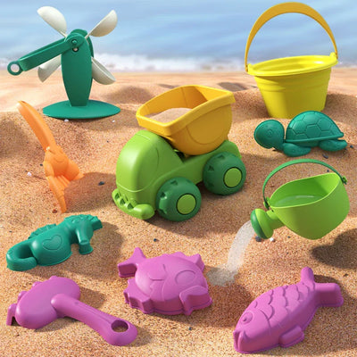 HKM-709587 Kids Outdoor Beach Toy Set - Soft Rubber Sand Molds, Bucket and Tools for Summer Fun