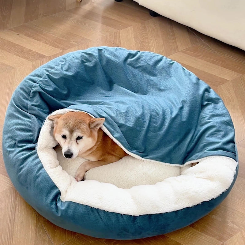 HKM-7098429 Cozy Orthopedic Dog Bed with Hooded Blanket - Waterproof and Dirt Resistant Cuddler for Cats and Puppies