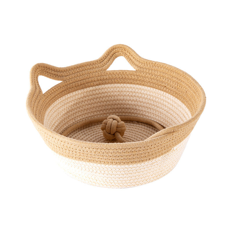 HKM-7102013 Coarse Linen Rattan Cat Nest - Universal Cat Bed for All Seasons, Woven Sleeping Mat in Beige Khaki