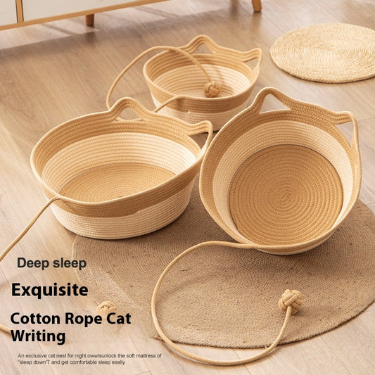 HKM-7102013 Coarse Linen Rattan Cat Nest - Universal Cat Bed for All Seasons, Woven Sleeping Mat in Beige Khaki