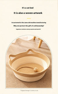 HKM-7102013 Coarse Linen Rattan Cat Nest - Universal Cat Bed for All Seasons, Woven Sleeping Mat in Beige Khaki