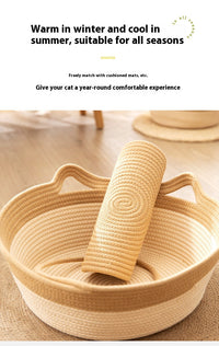 HKM-7102013 Coarse Linen Rattan Cat Nest - Universal Cat Bed for All Seasons, Woven Sleeping Mat in Beige Khaki