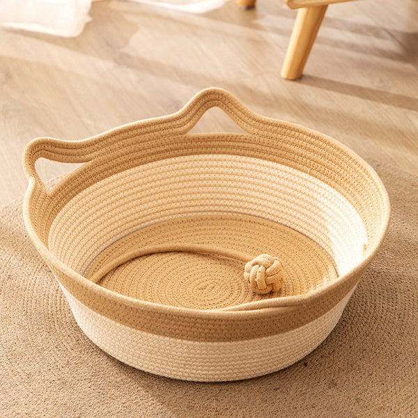 HKM-7102013 Coarse Linen Rattan Cat Nest - Universal Cat Bed for All Seasons, Woven Sleeping Mat in Beige Khaki