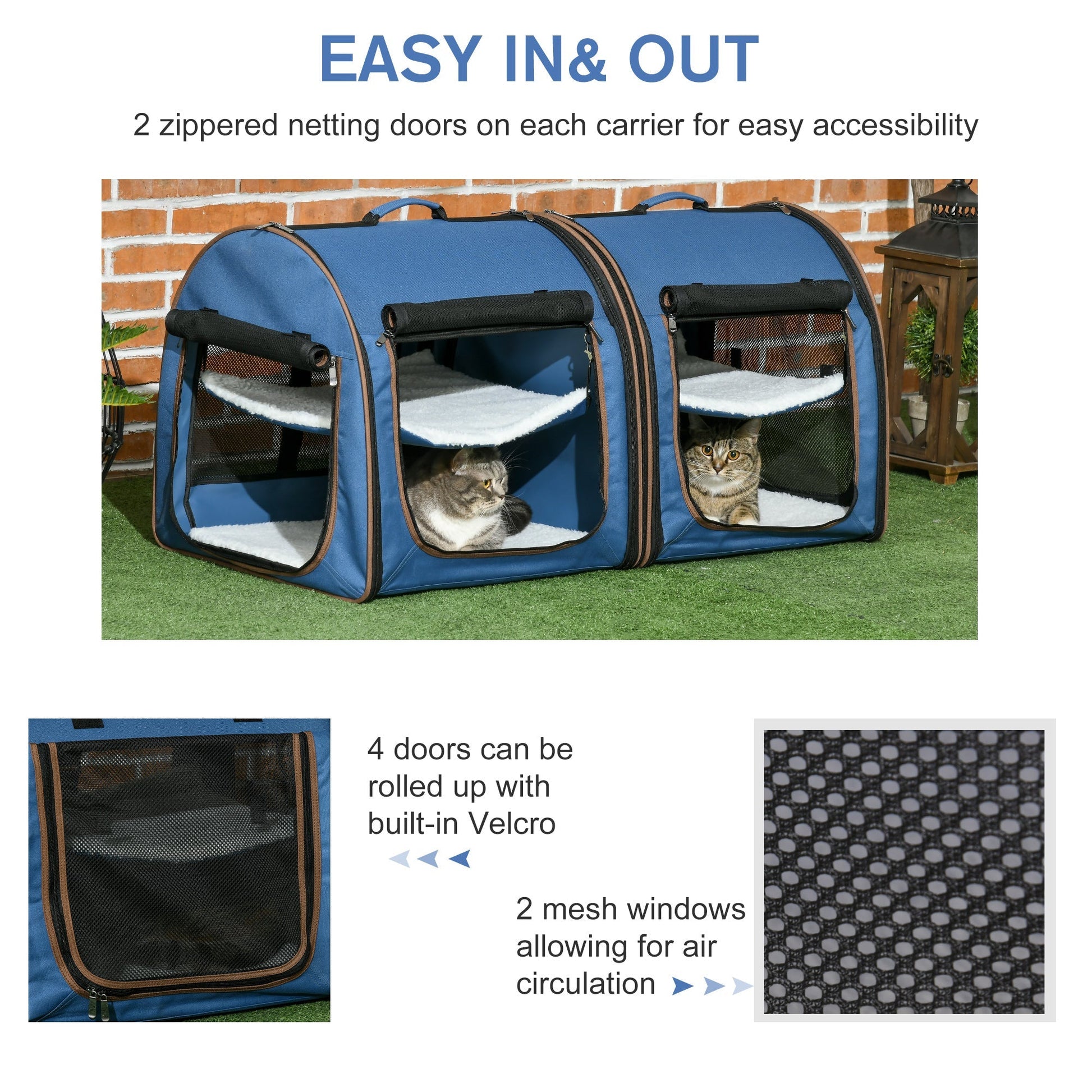 HKM-7104957 Portable Twin Compartment Cat Cage with Soft Cushions and Storage Bag - Blue 39-Inch Soft-Sided Kennel