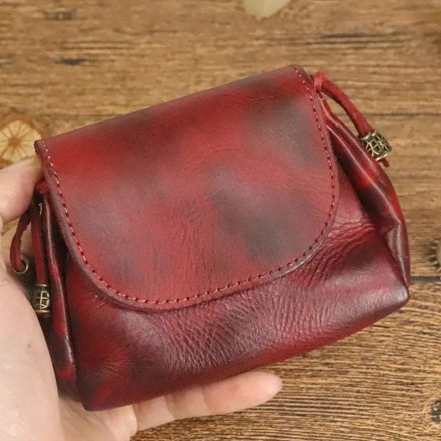 HKM-710547 Retro Leather Zero Wallet for Women - Genuine Cowhide Key Case and Earphone Storage Bag