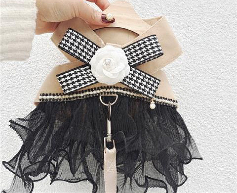 HKM-7105725 Gentle Cream Cat Dog Vest with Classic Houndstooth Skirt and Leash