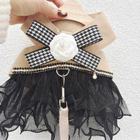 HKM-7105725 Gentle Cream Cat Dog Vest with Classic Houndstooth Skirt and Leash