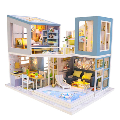 HKM-710739 Classic Wooden Dollhouse DIY Kit with Miniature Furniture for Kids Ages 6+