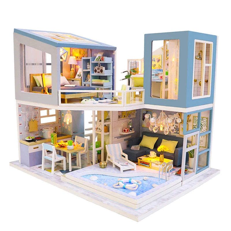 HKM-710739 Classic Wooden Dollhouse DIY Kit with Miniature Furniture for Kids Ages 6+