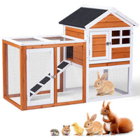 HKM-710803 Wooden Rabbit Hutch with Run and Removable Upper Tray for Small Pets - Waterproof Roof and Secure Access Doors