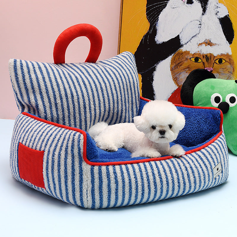 HKM-7109949 Cozy Blue Striped Winter Pet Sofa Nest for Dogs - Multiple Sizes Available