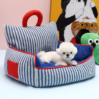 HKM-7109949 Cozy Blue Striped Winter Pet Sofa Nest for Dogs - Multiple Sizes Available