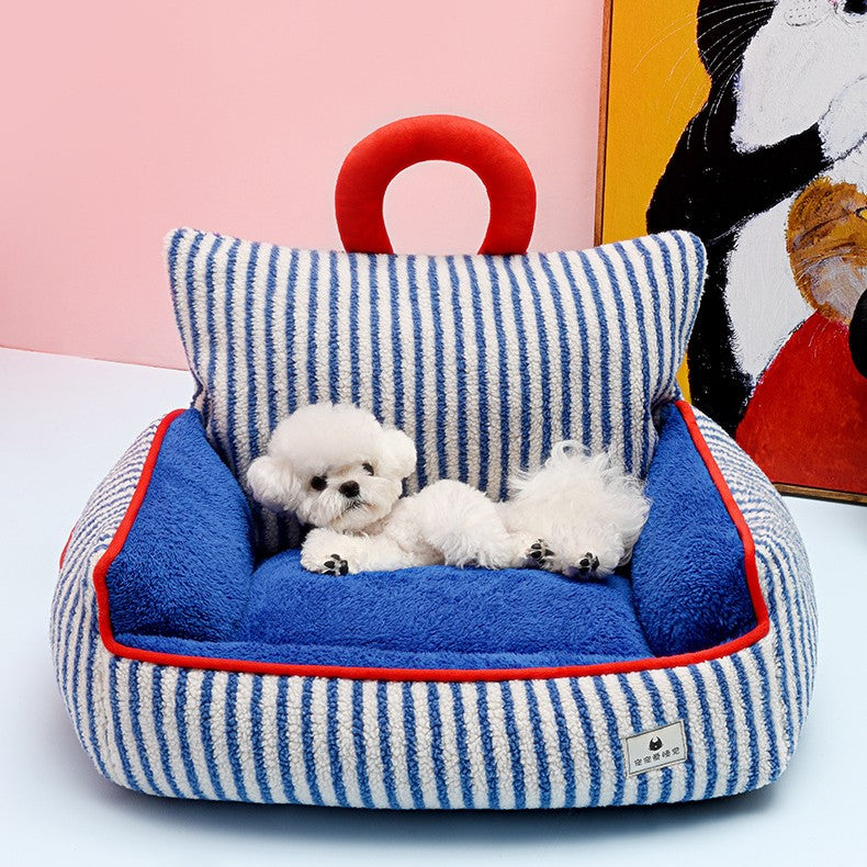 HKM-7109949 Cozy Blue Striped Winter Pet Sofa Nest for Dogs - Multiple Sizes Available
