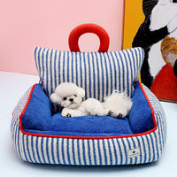 HKM-7109949 Cozy Blue Striped Winter Pet Sofa Nest for Dogs - Multiple Sizes Available