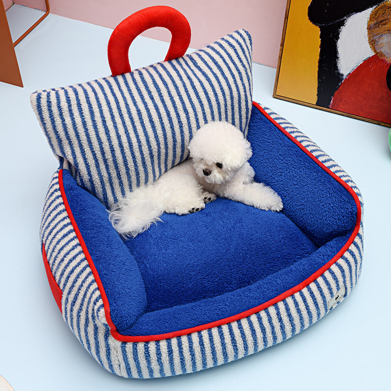 HKM-7109949 Cozy Blue Striped Winter Pet Sofa Nest for Dogs - Multiple Sizes Available
