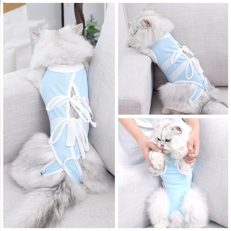 HKM-7110077 Lightweight Summer Cat Clothes - Breathable Casual Suit in Blue and White, Sizes S-XL